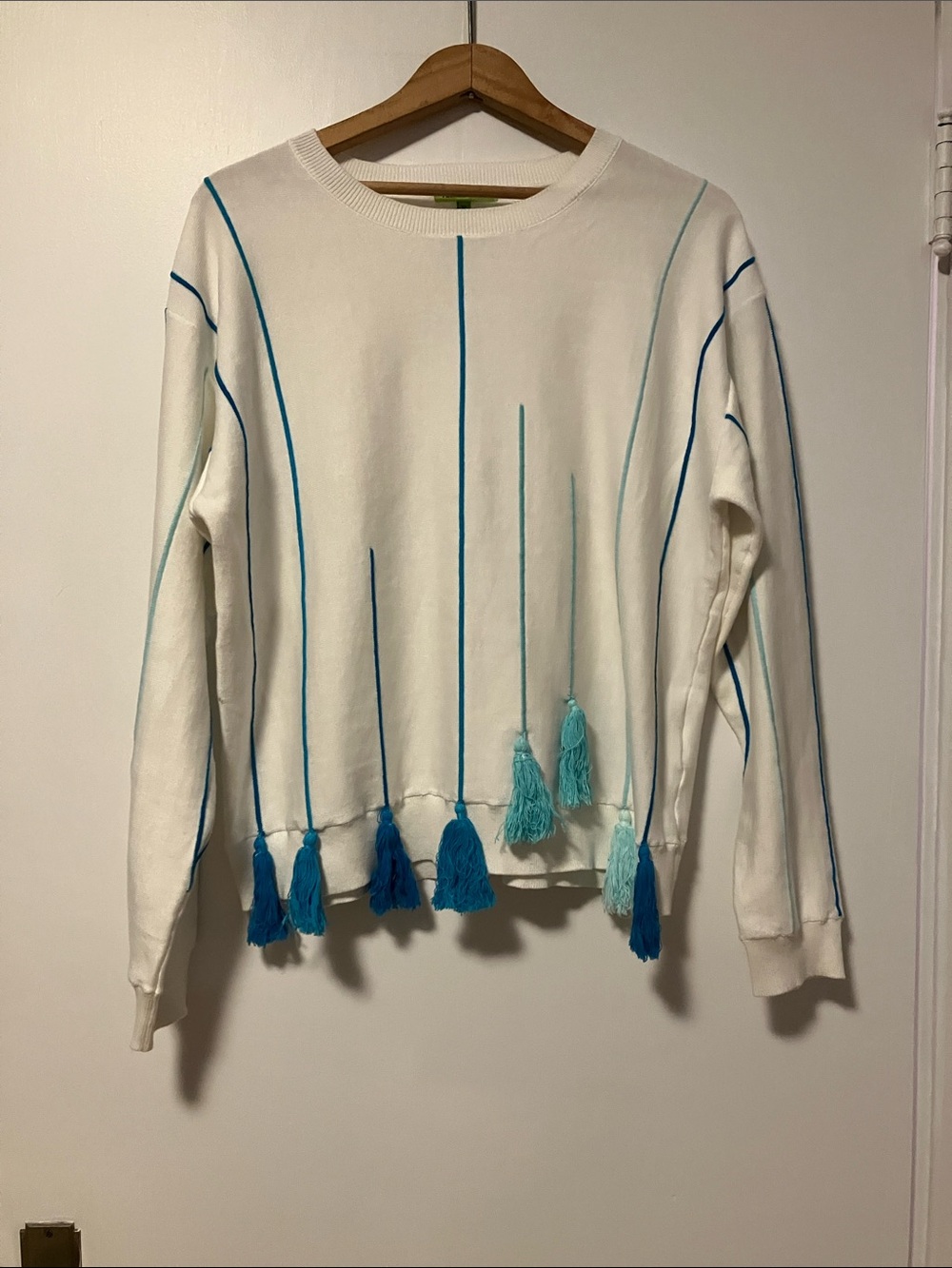 Crewneck White Sweater with Blue Tassel Accents 💯 Cotton